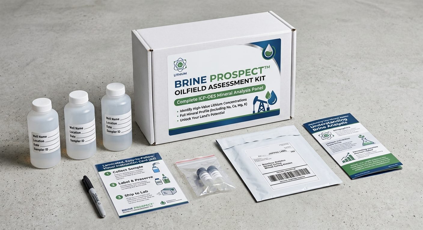 The Brine Prospect Oilfield Assessment Kit: three labeled sample bottles, the kit box, an instruction card, preservative vials, a marker and a prepaid return mailer.